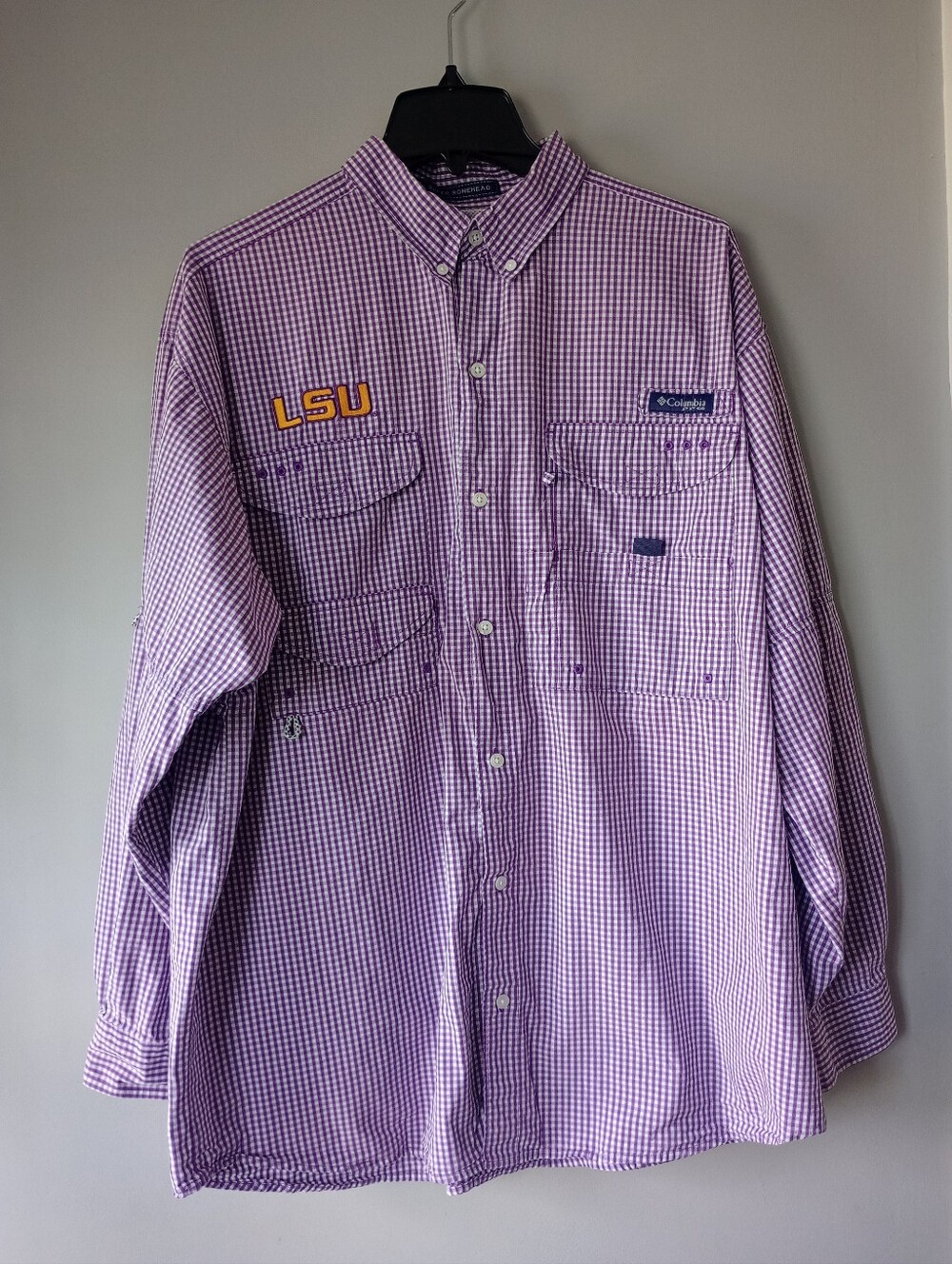 Columbia PFG Super Bonehead LSU Fishing L Shirt Purple Gingham Mens Long Sleeve